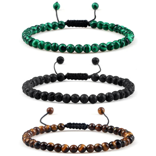 Adjustable Mini Natural Stone Beaded Bracelet – Lava & Tiger Eye Chakra Charm Jewelry for Men & Women