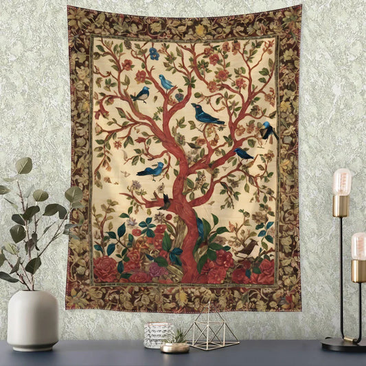 Retro Flower and Bird Tree Tapestry – Abstract Art Witchcraft Hippie Wall Hanging