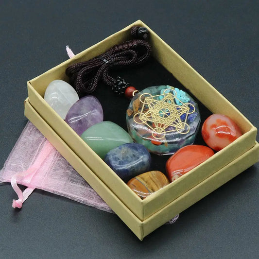 Natural Crystal Chakra Kit – 7-Stone Healing Set with Amethyst & Necklace for Meditation, Reiki & Spiritual Balance