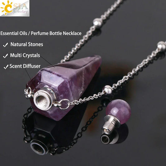 Natural Stone Cone Perfume Bottle Necklace – Clear Quartz Crystal Pendant & Essential Oil Diffuse