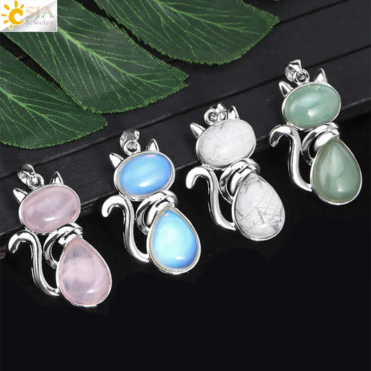 Natural Stone Cat Pendant – Cute Crystal Suspension Necklace for Girls