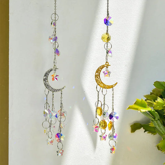 Silver & Gold Moon Pentagram Crystal Pendant – Window & Garden Sun Catcher Decoration
