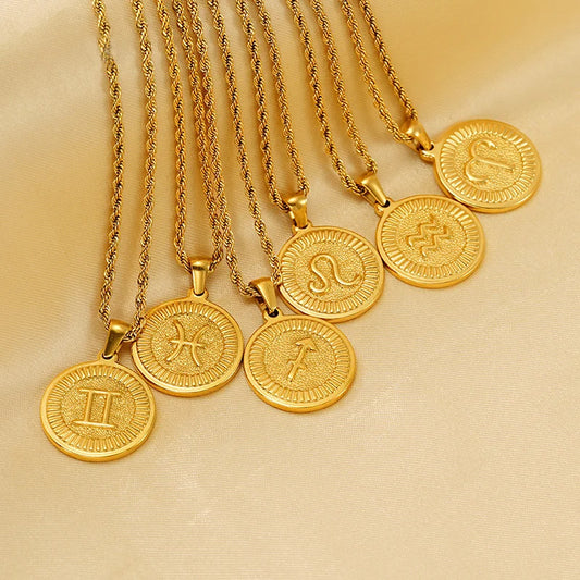 12 Constellation Zodiac Pendant Necklace – Waterproof Stainless Steel with 18K Gold Color Finish