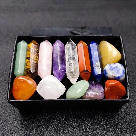 14pcs Quartz Crystal Point Set – Hexagon Chakra Healing Stones for Meditation & Decor