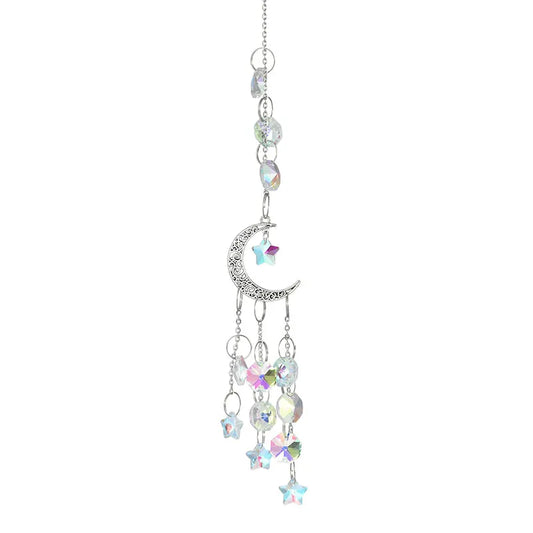 Silver & Gold Moon Pentagram Crystal Pendant – Window & Garden Sun Catcher Decoration
