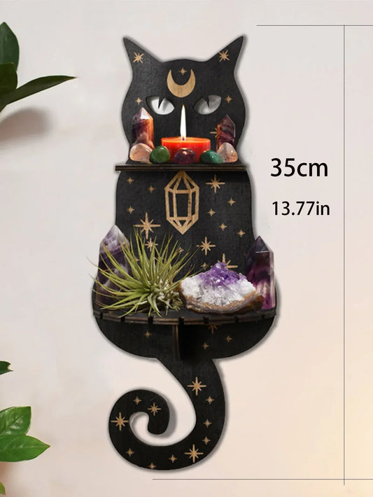 Black Cat Wooden Shelf – Moon Phase Floating Shelf & Chakra Crystal Holder